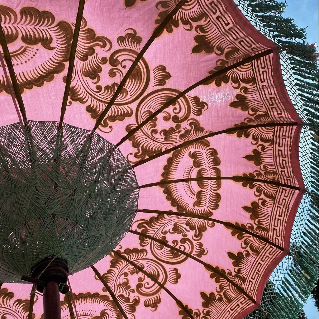 Pink Celebrity Parasol - Baliaric Balinese Garden Parasol Bali-inspired patio decor, Balinese style, Bamboo spokes, Decorative accents, Elegant home decor, Full Painted, garden and home, garden decor, garden decoration, garden idea, Home decorating ideas, home with garden, Magnificent craftsmanship, Mallorca Majestic collection, outdoor umbrella, parasols, parasols umbrellas, patio umbrellas, Pink, Preorder