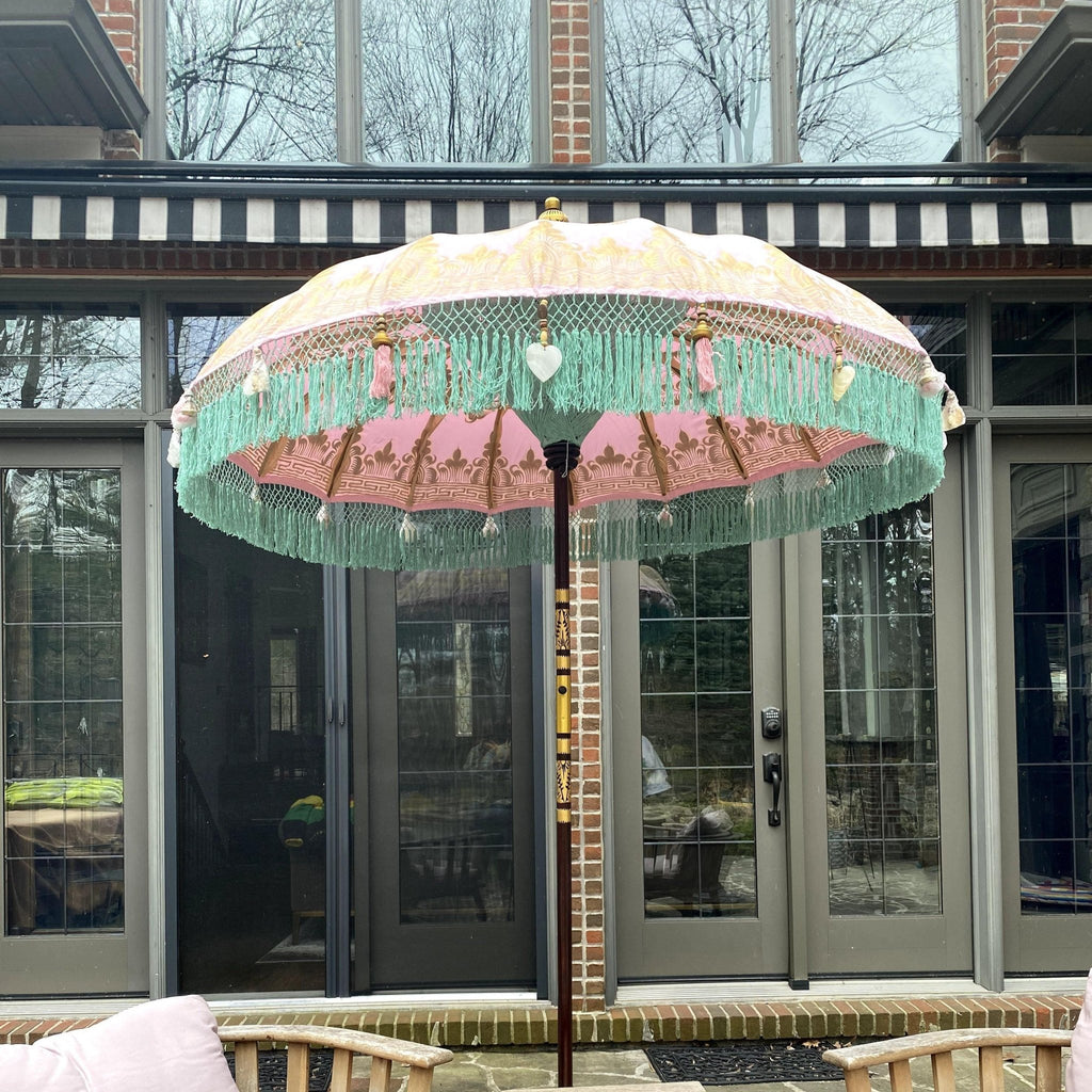 Pink Celebrity Parasol - Baliaric Balinese Garden Parasol Bali-inspired patio decor, Balinese style, Bamboo spokes, Decorative accents, Elegant home decor, Full Painted, garden and home, garden decor, garden decoration, garden idea, Home decorating ideas, home with garden, Magnificent craftsmanship, Mallorca Majestic collection, outdoor umbrella, parasols, parasols umbrellas, patio umbrellas, Pink, Preorder