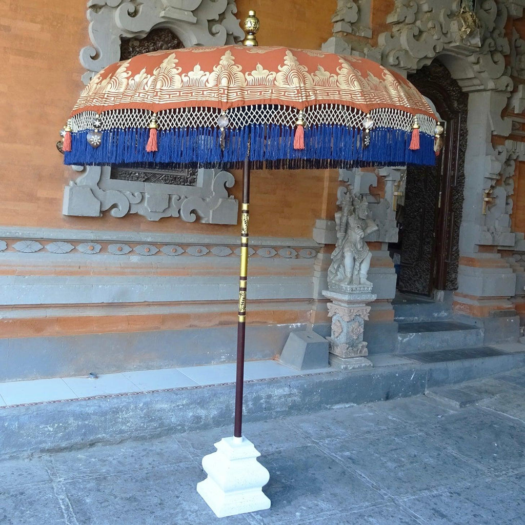Designer Patio Umbrella with Vibrant Blue Fringes and Ornaments