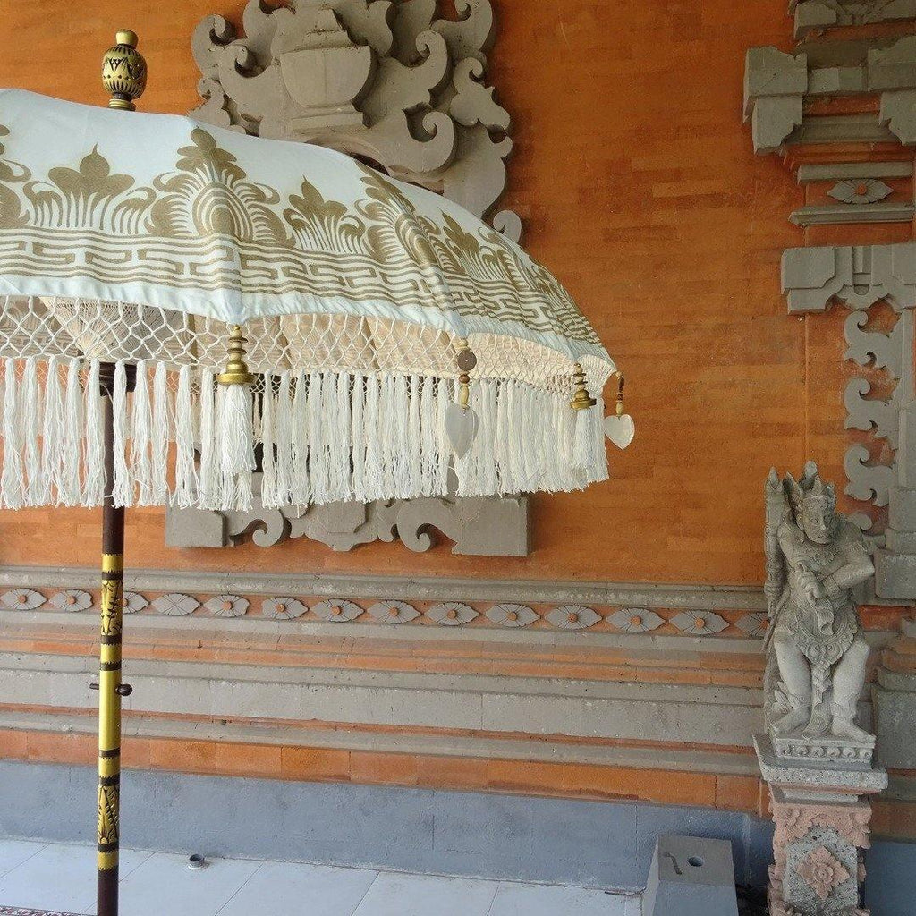 Gold Parasol - Baliaric Balinese Garden Parasol Decorative accents, Elegant home decor, garden and home, garden decor, garden decoration, garden idea, Gold, Half Painted, Home decorating ideas, home with garden, Magnificent craftsmanship, outdoor umbrella, parasols, parasols umbrellas, patio umbrellas, White