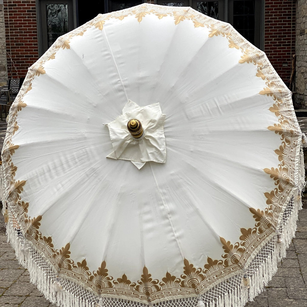 Gold Parasol - Baliaric Balinese Garden Parasol Decorative accents, Elegant home decor, garden and home, garden decor, garden decoration, garden idea, Gold, Half Painted, Home decorating ideas, home with garden, Magnificent craftsmanship, outdoor umbrella, parasols, parasols umbrellas, patio umbrellas, White